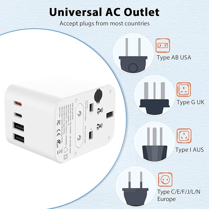 European Travel Plug Adapter, Universal Travel Adapter with PD Fast Charging, 5-Port (1 AC/2 USB-A/2 USB-C) International Power Adapter with Fuse Surge Protection for US EU UK AU - Black