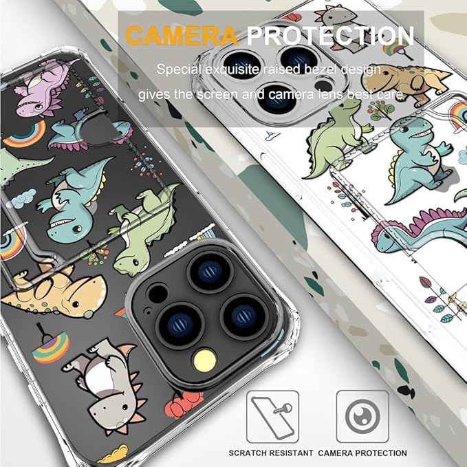 Compatible with iPhone 16 Pro Max Case Card Holder for Women Cute Design,Wallet Phone Cases Transparent Cool Kawaii Protective (Clear Lovely Dinosaurs)