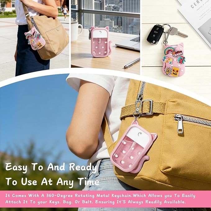 Cat Silicone Case with Keychain & 6 Accessories, Compatible with Touchland Hand Sanitizer Spray Power Mist 1 FL OZ/30ML, Featuring Croc-Style Decorative Holes (Pink)