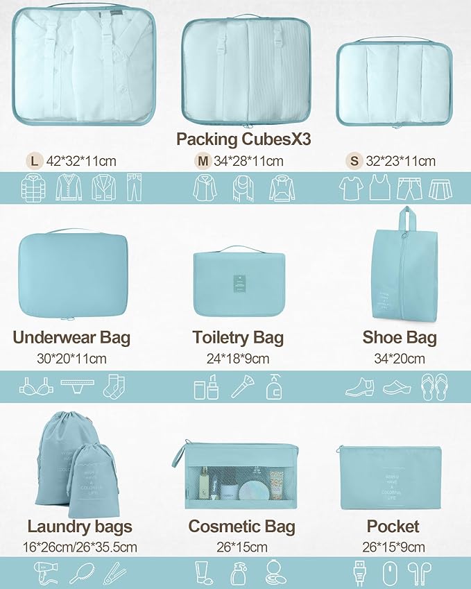 Anjing 10 Set Packing Cubes Luggage Organizers for Travel Accessories Essentials Organizer Bags Carry on Suitcases, Lake Blue