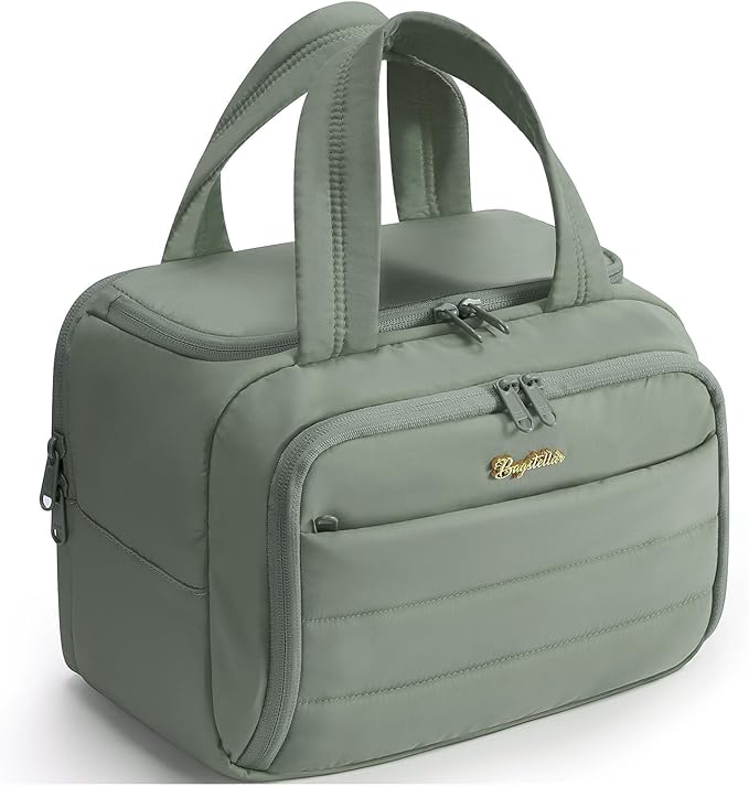 Bagstellar Travel Toiletry Bag for Women, Lightweight Large Quilted Puffy Makeup Bag Wide-open Make up Organizer Cloud Cosmetic Bag w/Handle for Traveling Toiletries Essentials Accessories Sage Green