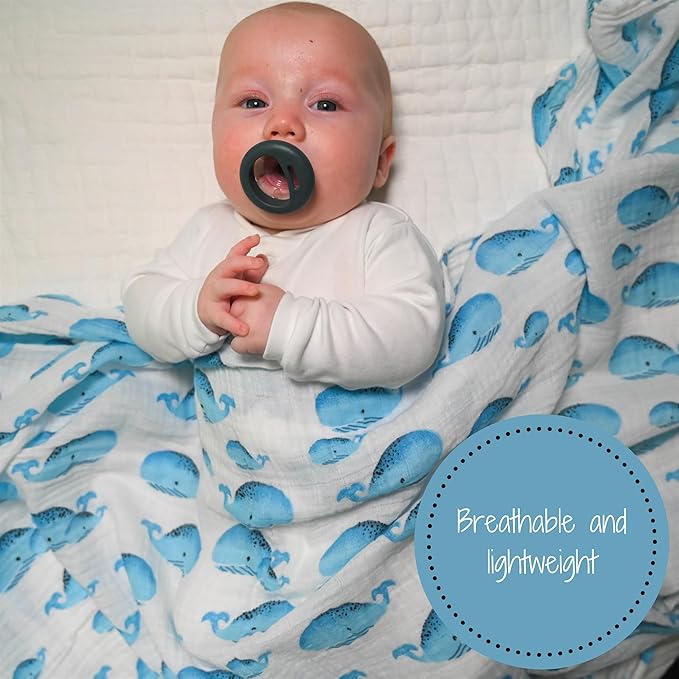 LollyBanks Muslin Swaddle Blanket, 100% Muslin Cotton Swaddles for Baby Boys Breathable and Lightweight, 47 X 47 Inches Newborn Receiving Blanket for Boys, Baby Essential, Registry (Whale Print)