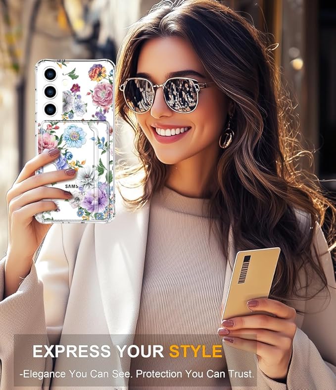 Compatible with Samsung Galaxy S24+ Plus / S25+ Plus Case Card Holder for Women Cute Design,Wallet Phone Cases Transparent Cool Kawaii Protective (Clear Amazing Lovely Flowers)