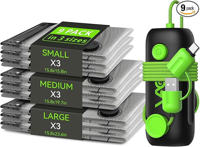Vacuum Bags for Travel - USB Electric Pump, 9 Pack Carry-on Size Vacuum Seal Bags for Clothing - Space Saver Vacuum Storage Bags for Luggage, Travel Essentials.