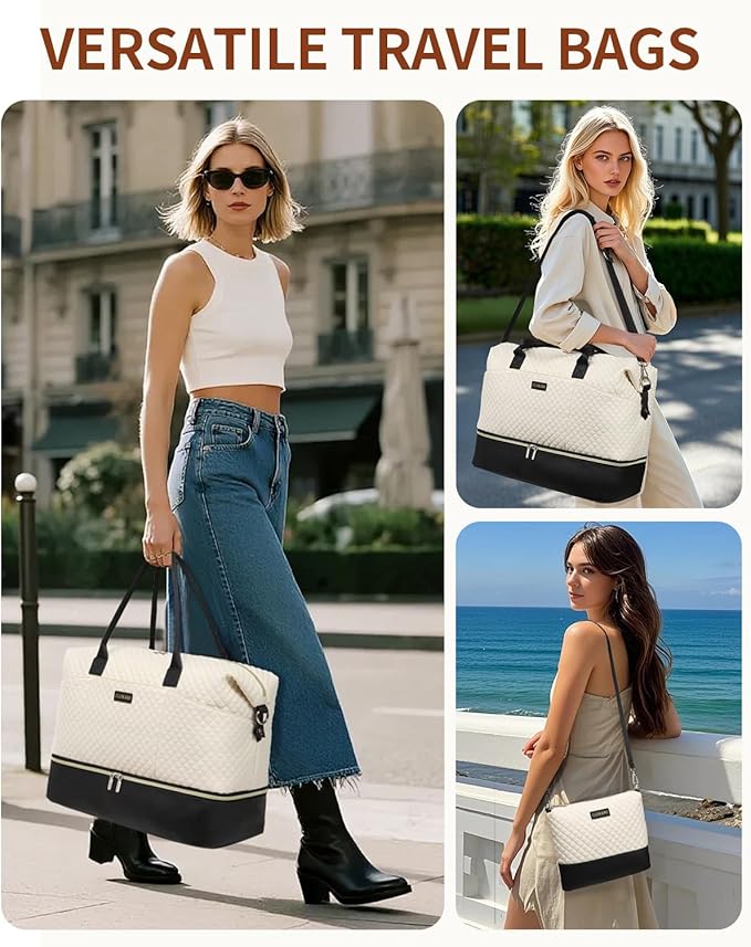 Travel Bag for Women, Weekender Bags Large Carry On Overnight Bag Duffel with Separate Shoes Compartment & Strap, Hospital Bags for Labor and Delivery, Beige Black