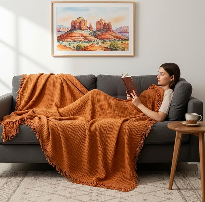 KyraHome Muslin Throw Blankets for Adults, Kid, 50"x60",100% Cotton Plant Dyed, Breathable, Lightweight Gauze Soft Cotton Blanket for Couch, All Season (Terracotta/Rust Orange)