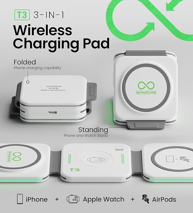 InfinaCore 3-in-1 Charging Station for Apple Devices - Travel Essentials- Magnetic Wireless Travel Charger - Foldable Charging Pad for Magsafe iPhone 16 15 14 13 12 Pro Max/Plus, AirPods & Apple Watch