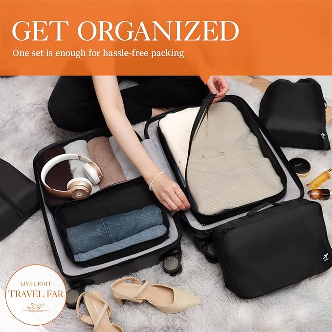 HOTOR Packing Cubes for Suitcases - 6 Pieces, Light Packing Cubes for Travel, Premium Suitcase Organizer Bags Set, Space-Saving Luggage Organizers, Travel Accessories and Essentials, Black