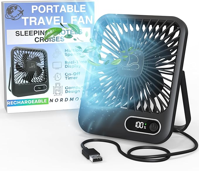 Small Travel Fan For Sleeping, USB-C Rechargeable Battery Powered Personal Mini Desk Fan for Office, Bedroom, Hotel Room - Folding Flat, Easily Portable & Travel-Ready, Battery Saving Display & Timer