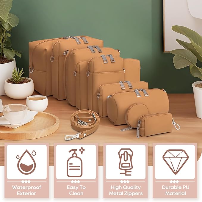 Joyway 10-Piece Travel Makeup Bag Set – Large Capacity Cosmetic Bags for Women & Girls, Waterproof Portable Toiletry Organizer with Adjustable Strap (Brown)