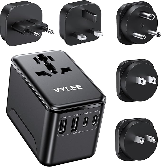 VYLEE Universal Travel Adapter, 2 USB-C & 2 USB-A Worldwide Plug Adapter with 1 Universal AC Outlet, Type A D I G C International Plug Adapter for US, India, Europe, UK, Maldives, Sri Lanka(Black)
