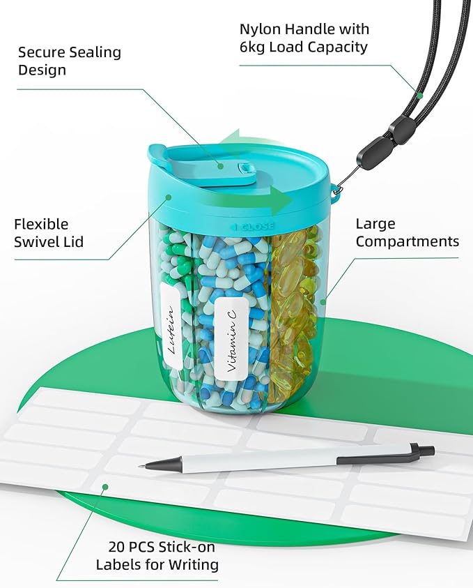 PULIV Large Pill Bottle Organizer, Supplement Organizer for Holding 6 Various Vitamins, Pill Box Case with Anti-Mixing & Wide Opening Design, Easy to Retrieve Meds and 20 Pcs Stick-on Labels, Blue
