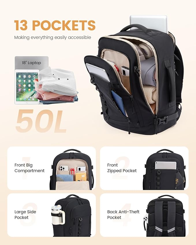 LOVEVOOK 50L Travel Backpack for Men Women, Waterproof Carry On Backpack for Work & Travel, Flight Approved Personal Item with 3 Packing Cubes, TSA Bag Fits 17.3" Laptop,Black