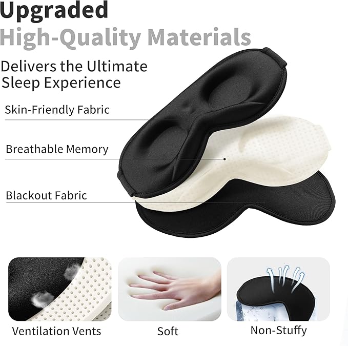 3D Sleep Mask for Men Women 2 Pack, Blackout Eye Mask for Sleeping Eye Mask for Side Sleeper, Memory Foam Adjustable&Washable, Airplane Travel Essentials Couples Yoga Meditation Office Black & Black