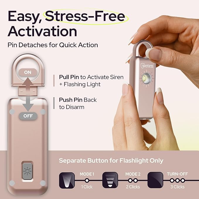 Weten Personal Safety Alarm Keychain – 130dB Siren with Bottom Speaker, LED Light, Wristlet & Carabiner Clip – Weatherproof Self Defense Alarm with Low Battery Alert (Metallic Rose)