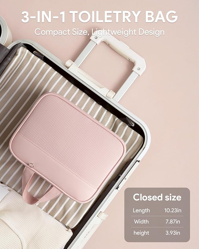 Lotour Travel Toiletry Bag for Women with Travel Size Silicone Containers Set, Hanging Toiletry Bag for toiletries, Cosmetic Bag Travel Organizer (Pink)