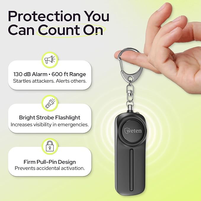 Personal Safety Alarm Keychain for Women - 3 Pack 130dB Siren, LED Light, Panic Pin –Self-Defense Device and Emergency Whistle Alternative for College, Travel, and Night Walk Protection by Weten