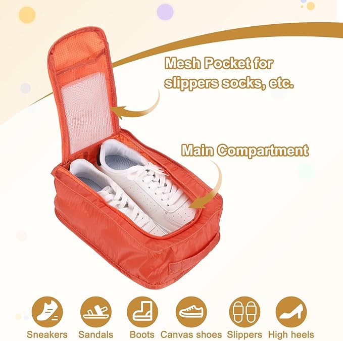 Foldable Travel Shoe Bag, Waterproof Shoe Pouches Organizer with Handle Travel Packing Cubes -Fitting for Storing (Sneakers/Sandals/Fitness Shoes) 2 Pcs & Orange