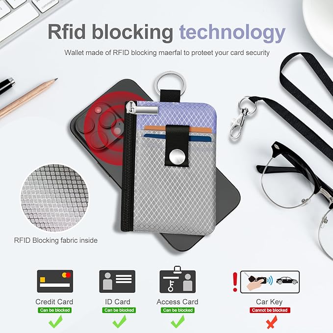 Minimalist RFID Blocking Small Wallet with ID Window,WaterResistant Zip Id Case Wallet with Lanyard Keychain for Cards,Cash,Travel,Women,Men (Light Gray/Lavender Purple)