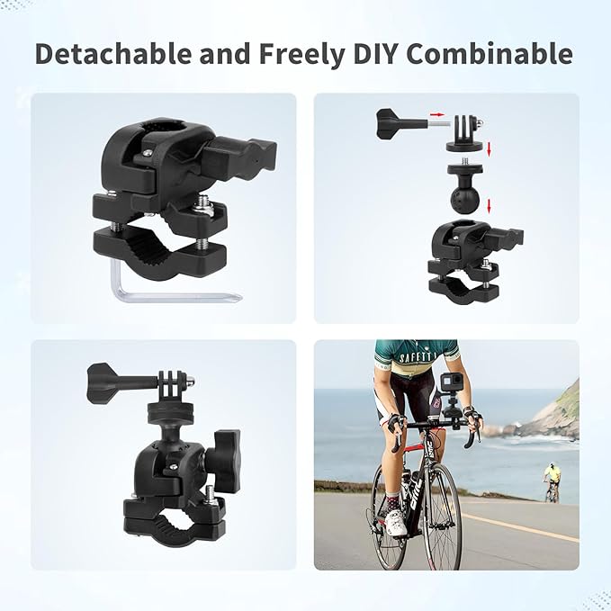Bike Motorcycle Camera Mount Bundle Kit, 1/4 Screw & Tripod Mount Adapter, 360°Rotating Ball Head Base -Ballhead Arm Super Mounting Clamp for Most Action Camera, Clamp(0.86"-1.26“) 75016
