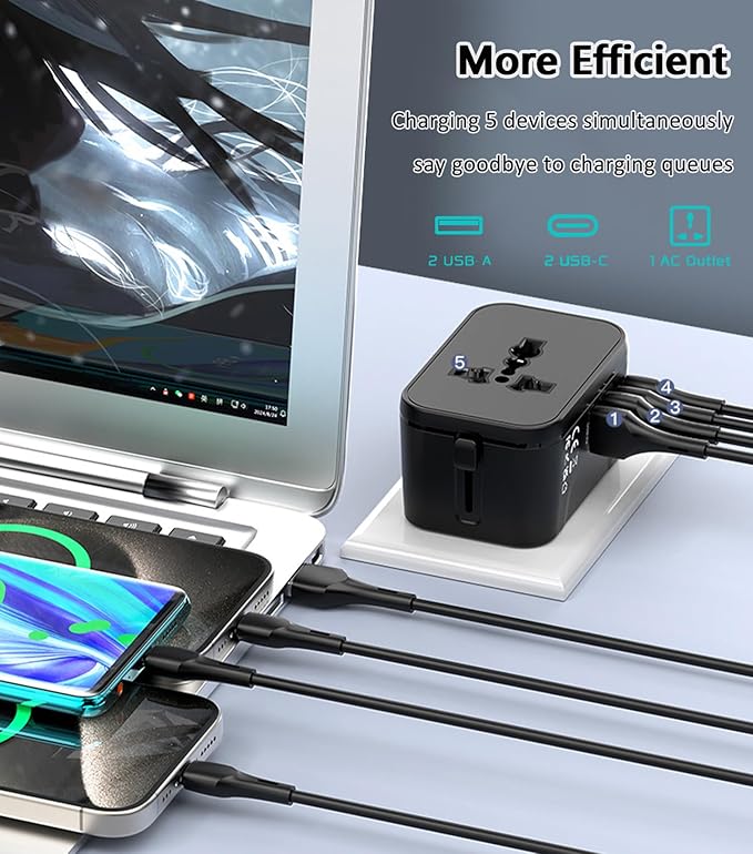 Universal Travel Adapter Worldwide, European Travel Plug Adapter with 2 USB C, 2 USB A and Multi AC Outlets, International Power Adaptor for EU US UK AUS 200+ Countries, Travel Essentials