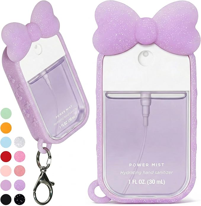 Silicone Bow Case Compatible with Touchland Hand Sanitizer Spray 1 oz (30 mL), Cute Holder with Keychain Clip, Gift for Girls