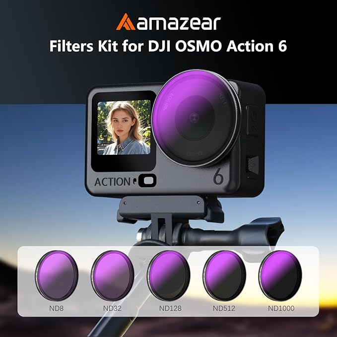 AMAZEAR ND Filters Kit for DJI OSMO Action 6 Accessories (5 Pack), Action6 ND8 ND32 ND128 ND512 ND1000 Optical Glass Pro Camera Lens Filters for Cinematic Motion Blur and Light Reduction