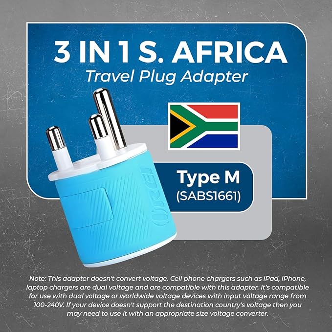 OREI South Africa, Botswana, Namibia Travel Plug Adapter with Dual USB - USA Input - Type M (U2U-10L), Will work with Cell Phones, Camera, Laptop, Tablets, iPad, iPhone