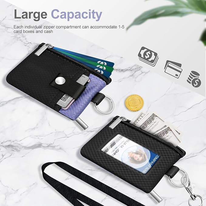 Minimalist RFID Blocking Small Wallet with ID Window,WaterResistant Zip Id Case Wallet with Lanyard Keychain for Cards,Cash,Travel,Women,Men (Black/Lavender Purple)