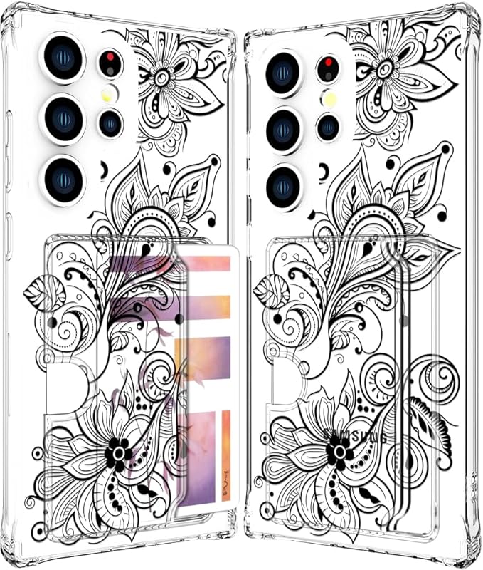 Compatible with Samsung Galaxy S24 Ultra Case Card Holder for Women Cute Design,Wallet Phone Cases Transparent Cool Kawaii Protective (Clear Black Henna Flower)
