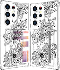 Compatible with Samsung Galaxy S24 Ultra Case Card Holder for Women Cute Design,Wallet Phone Cases Transparent Cool Kawaii Protective (Clear Black Henna Flower)