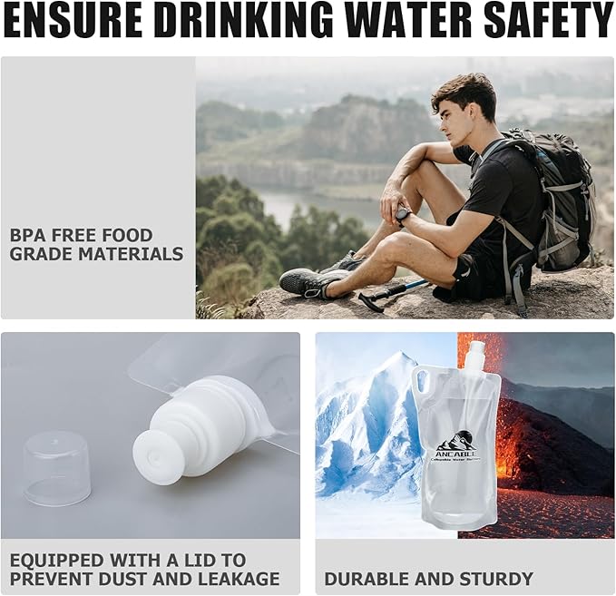 Ancable 1L Hiking Collapsible Water Bottles, 6-Pack 33OZ BPA-Free Foldable Backpacking Water Bottle for Travel Camping Hiking