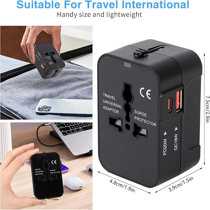 Universal Travel Adapter, PD20W International Power Adapter,1 Type-C & 1 USB-A Fast Charging Travel Charger, All in One Worldwide Wall Travel Plug Adapter, Outlet Power Plug Converter for EU UK USA AU