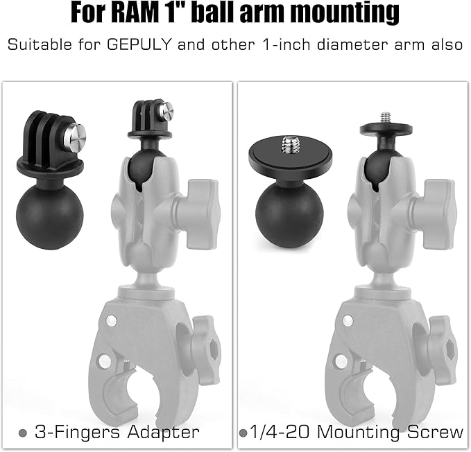 GEPULY 2pcs 1''/25mm Ball Head Mount 1/4"-20 Threaded Stud+Tripod Adapter for Gopro Hero Series/AKASO/Insta360/DJI OSMO Action Camera, Fit RAM Ball Head Mount B Size Double Socket Arm