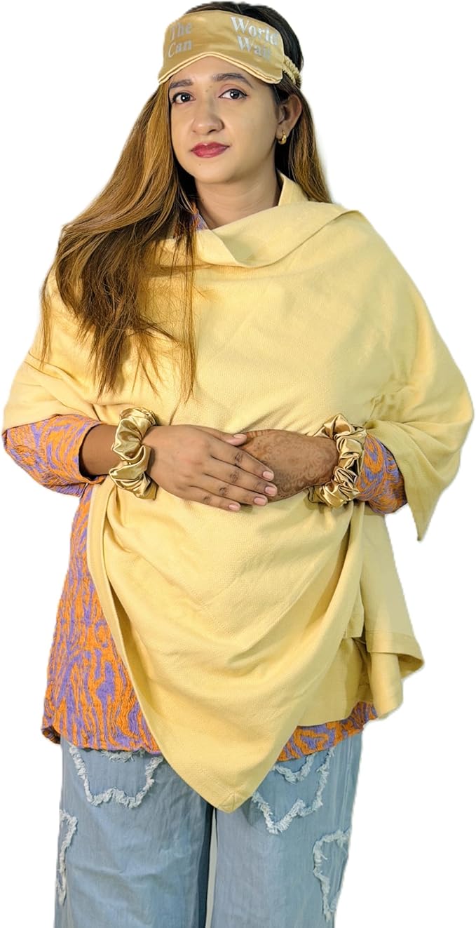 Wayfarer Shawl with Pouch | Voyagers Comfort Set with Luxury Travel Scarf, Eye Mask, Satin Scrunchies & Travel Pouch