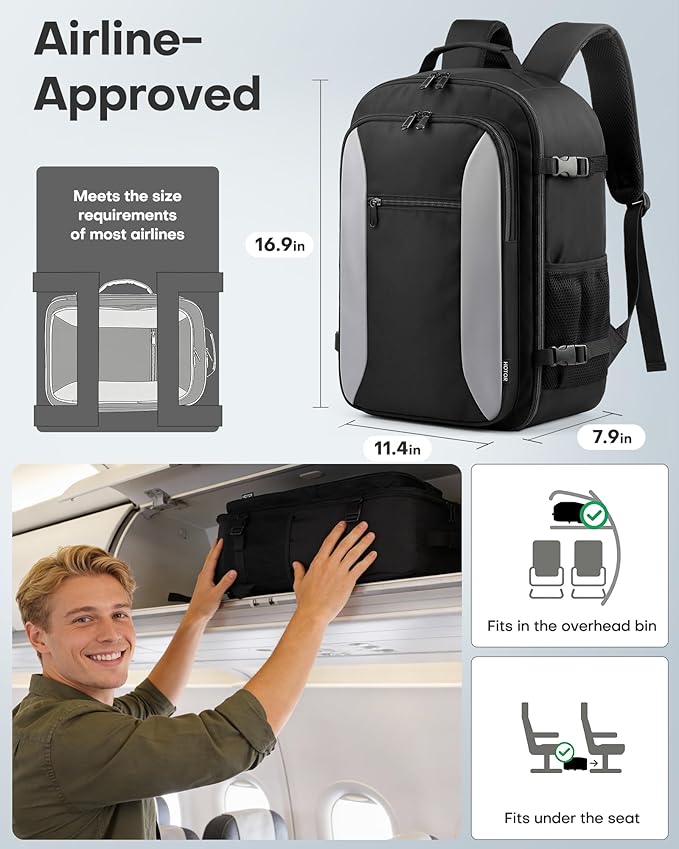 HOTOR Travel Backpack - TSA-Friendly Carry-On Backpack for Men & Women, Internal Luggage Straps & Waterproof Pocket, Perfect for Travel Essentials, Work, Commuting, 16.9" x 11.4" x 7.9", Black