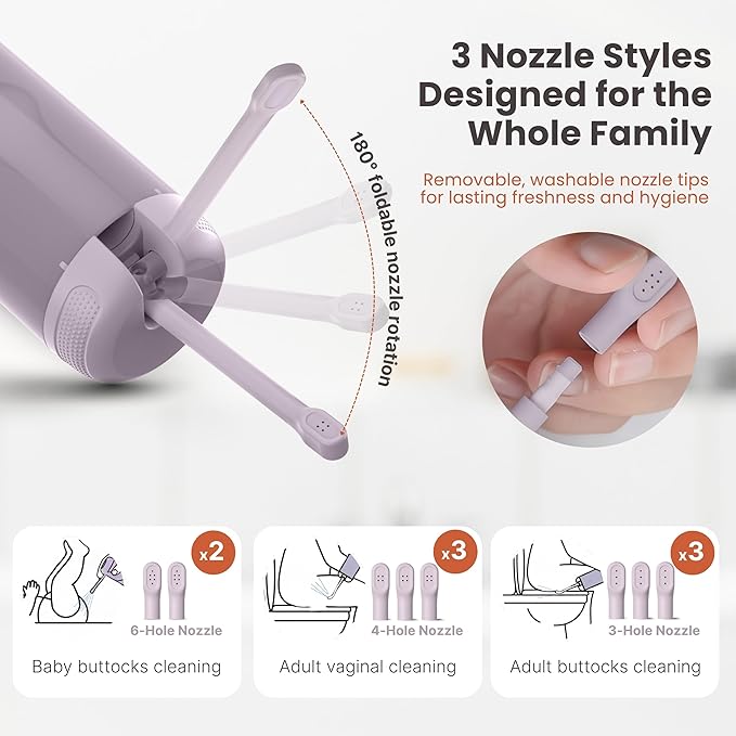 Portable Bidet - 250ml Rechargeable Electric Handheld Bidet with 5 Adjustable Spray Modes, 8 Replaceable Nozzles for Peri Bottle for Travel, Perineal, Postpartum & Post-Surgery Care (Purple)