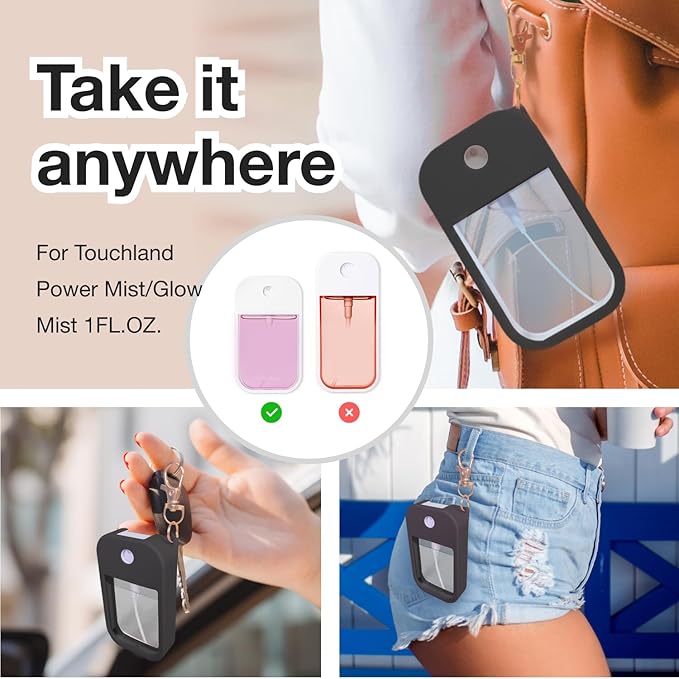 1 PC Soft Silicone Case for Touchland Power Mist (1FL. OZ./30 mL), Protective and Stylish Case with Keychain Compatible with Touchland Hand Sanitizer Spray (Black)