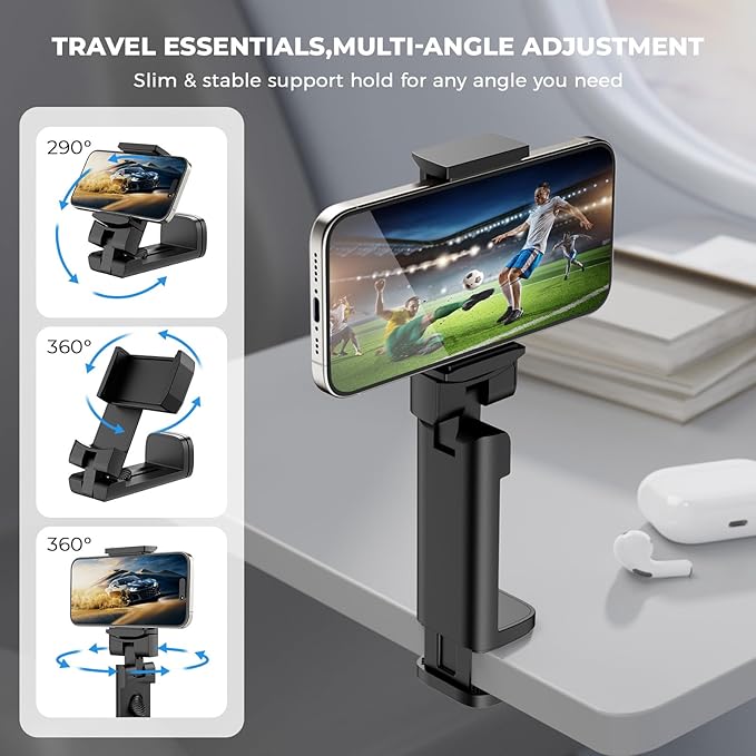 Airplane Phone Holder, Dual 360° Rotation Plane Phone Holder Travel Essentials for Long Flight, Desk, Tray, Compact Cell Phone Mount w/ Durable Automatic Spring Clamp, Phone Gadget for Long Trip, Gym