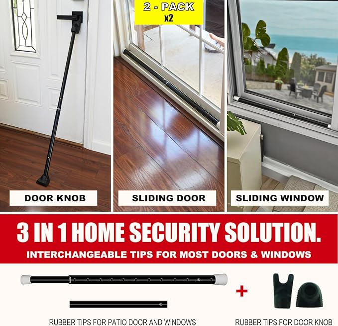 SECURITYMAN 3-in-1 Door Security Bar, Security Door Stoppers & Door Barricade – Heavy Duty Adjustable Iron Security Lock Bar for Home Defense, Apartment & Travel Safety (2 Pack - Black)