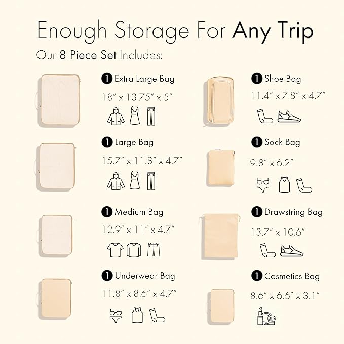 (Not Made In China) Packing Cubes For Travel, Luggage and Suitcase Organizer Bags, Carry On and Backpack Space Savers, Lightweight Waterproof Nylon, 8pc Set Beige