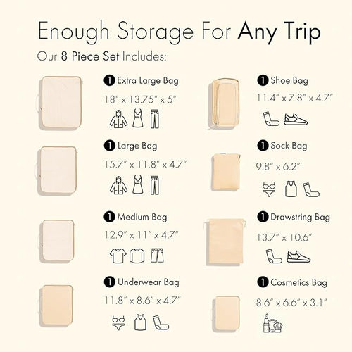 (Not Made In China) Packing Cubes For Travel, Luggage and Suitcase Organizer Bags, Carry On and Backpack Space Savers, Lightweight Waterproof Nylon, 8pc Set Beige