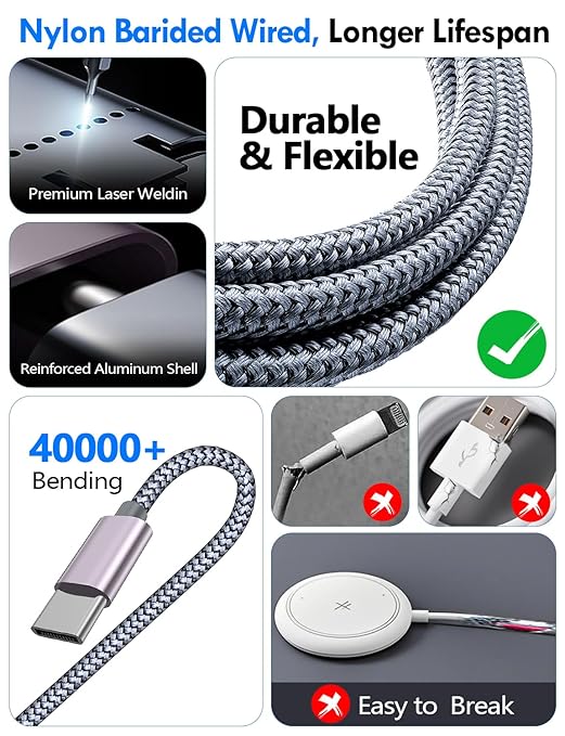 2Pack Multi Charging Cable Cord for Travel Essentials,Apple Watch Charger,iPhone Charger,[3-in-2] Type C/Lightning Cable Portable Designed for iWatch,iPhone 17-8,Galaxy S25-21,AirPods,iPad-1.5M Gray