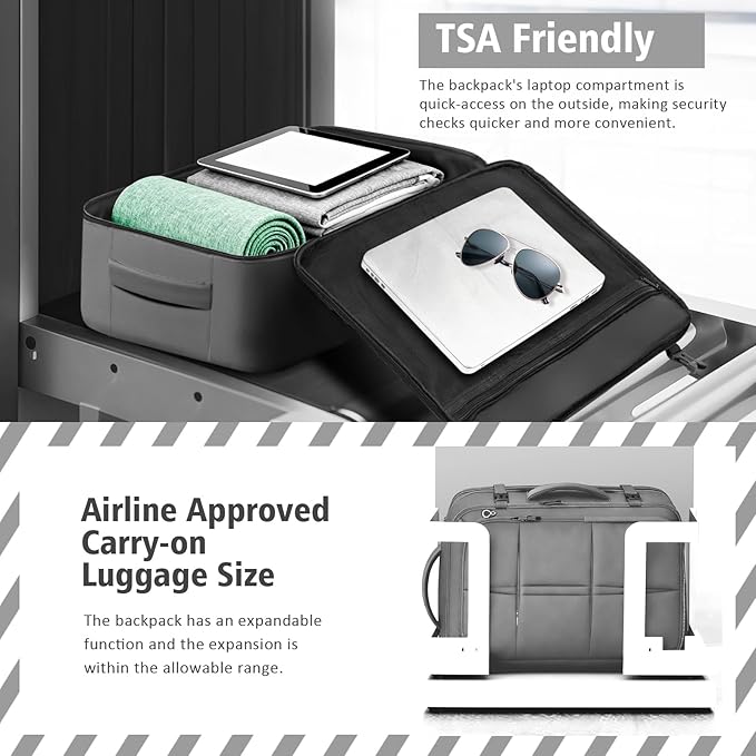 tazbuzo Travel Backpack, Extra Large 50L Flight Approved Carry on Backpack, Expandable Waterproof Business Suitcase Daypack Big Bag Fits 18.4 Inch Laptop, Grey
