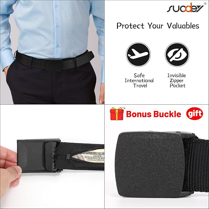 SUOSDEY Travel Money Belt, Nylon Hidden Money Pocket Belt with Plastic Buckle