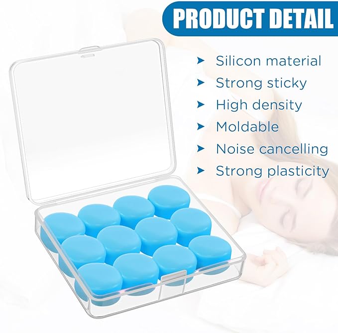 TrelaCo 12 Pack Soft Ear Plugs for Sleeping, Reusable Moldable Silicone Earplugs Noise Cancelling Reduction for Concerts, Swimming, Shooting, Snoring, Airplane, Musicians, Motorcycle(Blue)