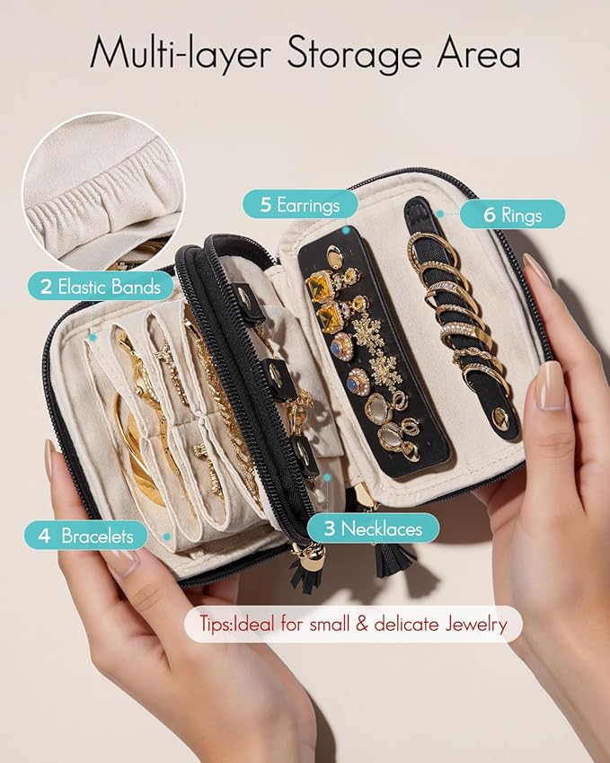 VLANDO Travel Jewelry Case,2-Layer Jewelry Organizer for Travel,Mothers Day Mom Gifts,Multi-Compartment Jewelry Storage for Rings Earrings Necklaces Bracelets-Black