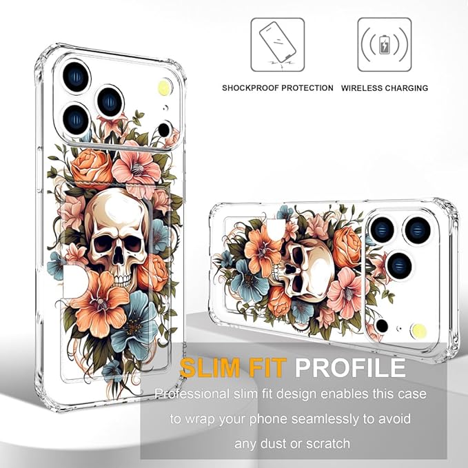 Compatible with iPhone 17 Pro Max Case Card Holder for Women Cute Design,Wallet Phone Cases Transparent Cool Kawaii Protective (Clear Skull & Flowers)