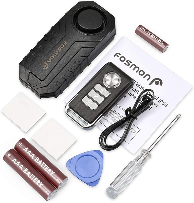 Fosmon 113db Bike Alarm with Remote, Motion Sensor Bicycle SOS Alarm, IP65 Waterproof Anti Theft Alarm System, Wireless Siren for E-Bike, Motorcycle, Scooter, Cart, Trailer