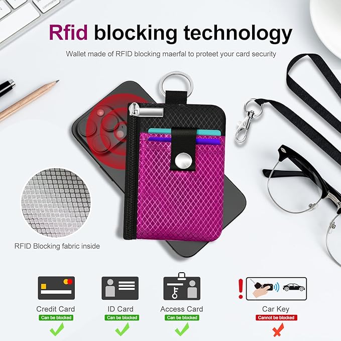 Minimalist RFID Blocking Small Wallet with ID Window,WaterResistant Zip Id Case Wallet with Lanyard Keychain for Cards,Cash,Travel,Women,Men (Purplish Red/Black)